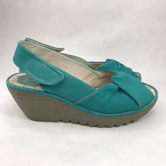 FLY LONDON Women's 39 8-8.5 Yakin Yata Knot Teal Suede Peep Toe Sling Back Wedge - Picture 6 of 10